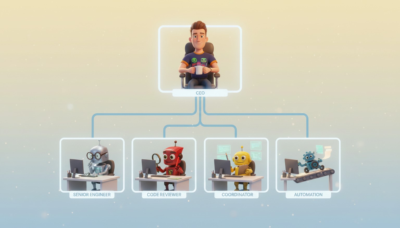 A cartoon org chart — me as CEO at the top, with a senior engineer, code reviewer, coordinator, and a small automation bot reporting in as AI employees